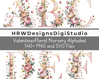 Valentine bloemen alfabet clipart, roze kinderletters PNG SVG, romantische bloem alfabet, commercieel gebruik