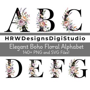 Puede incluir: Letras negras A a G adornadas con arreglos florales de acuarela en rosa, melocotón y morado. También se ve el texto "HRWDesignsDigiStudio" y "Elegant Boho Floral Alphabet".