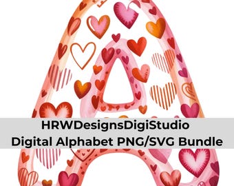 Valentijn alfabet clipart png SVG, hartletter en cijferset, liefdesalfabet, Valentijn ambachtelijke bestanden