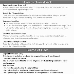 K&ouml;nnte beinhalten: Eine informative Grafik mit schwarzem Text auf wei&szlig;em Hintergrund mit den &Uuml;berschriften How to download und Terms of Use. Sie beschreibt die Schritte zum Zugriff auf Google Drive-Dateien, zum Herunterladen, Speichern und Entpacken von Ordnern sowie Nutzungsregeln.