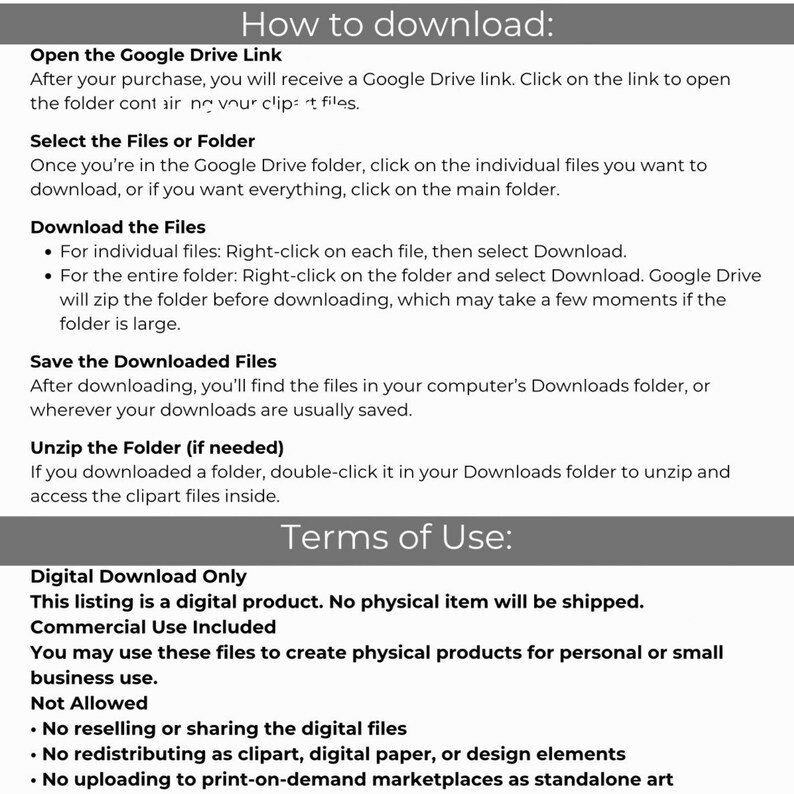 K&ouml;nnte beinhalten: Eine informative Grafik mit schwarzem Text auf wei&szlig;em Hintergrund mit den &Uuml;berschriften How to download und Terms of Use. Sie beschreibt die Schritte zum Zugriff auf Google Drive-Dateien, zum Herunterladen, Speichern und Entpacken von Ordnern sowie Nutzungsregeln.