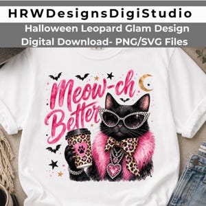 Meow-ch Better PNG, glamoureus Black Cat-sublimatieontwerp, Halloween-T-shirt met luipaardprint