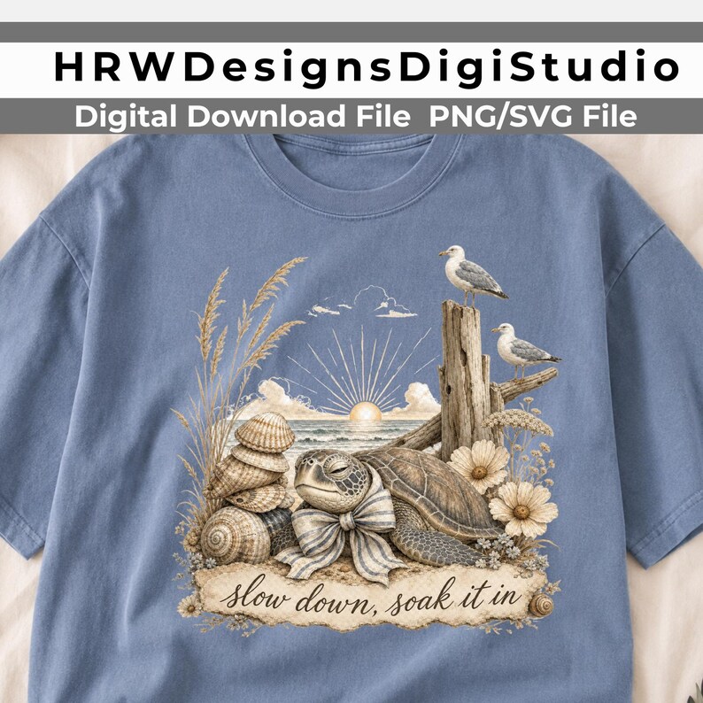 Slow Down Soak It In PNG SVG - Vintage Coastal Sea Turtle Sunrise Design image 10