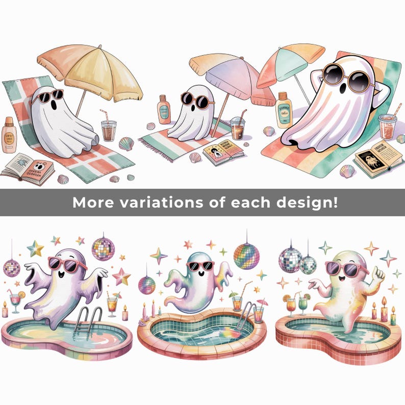 Op de afbeelding: Waterverfillustratie met cartoongeesten die van vrijetijdsbestedingen genieten. Geesten worden afgebeeld met een zonnebril, ontspannen op strandlakens onder parasols en bij een zwembad. De afbeelding bevat de tekst: "More variations of each design!"