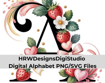 Aardbei bloemen alfabet PNG SVG, Valentijnsbrieven, romantische monogram clipart, Boho Hearts alfabet