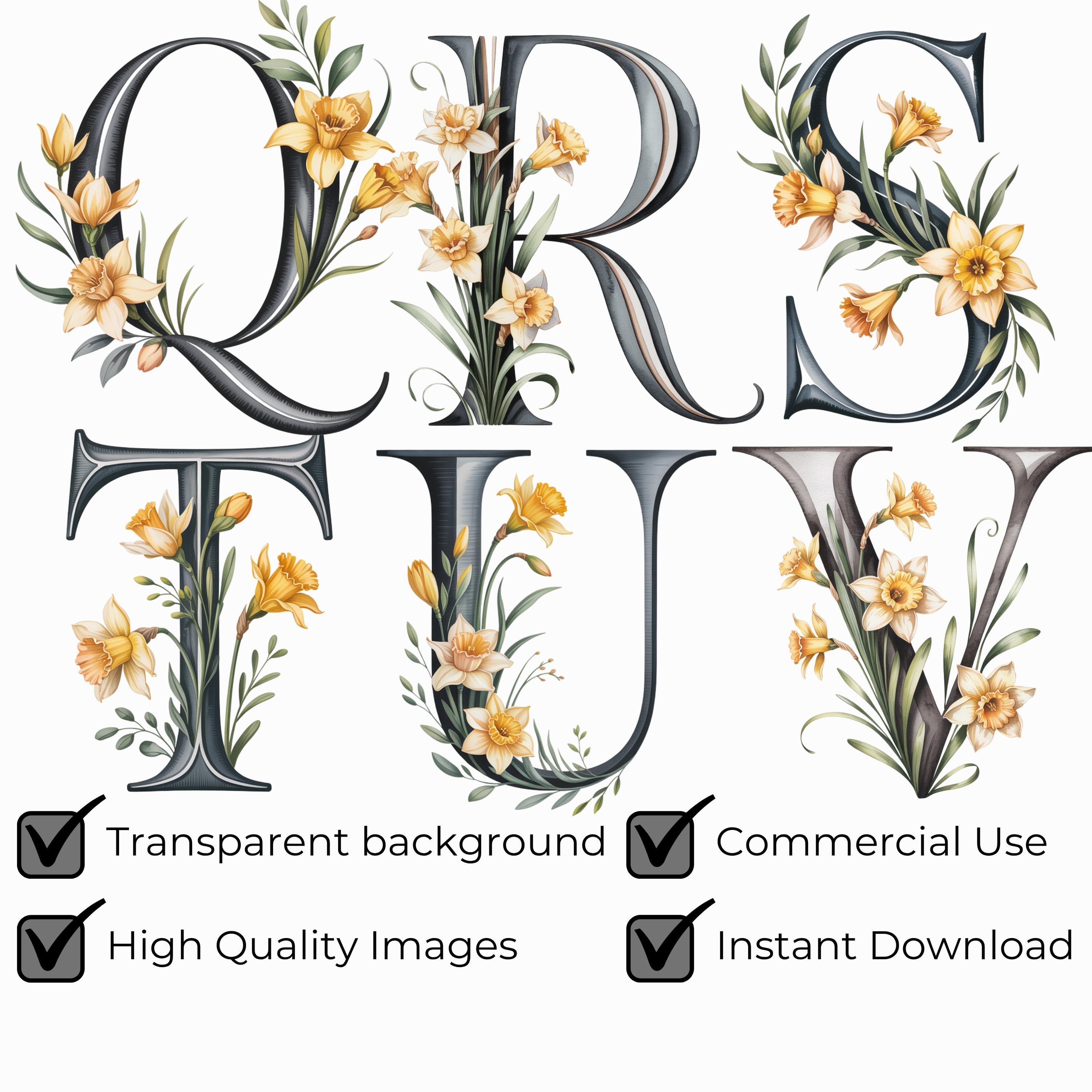 March Birth Flower Alphabet PNG SVG, Daffodil Floral Letters ...