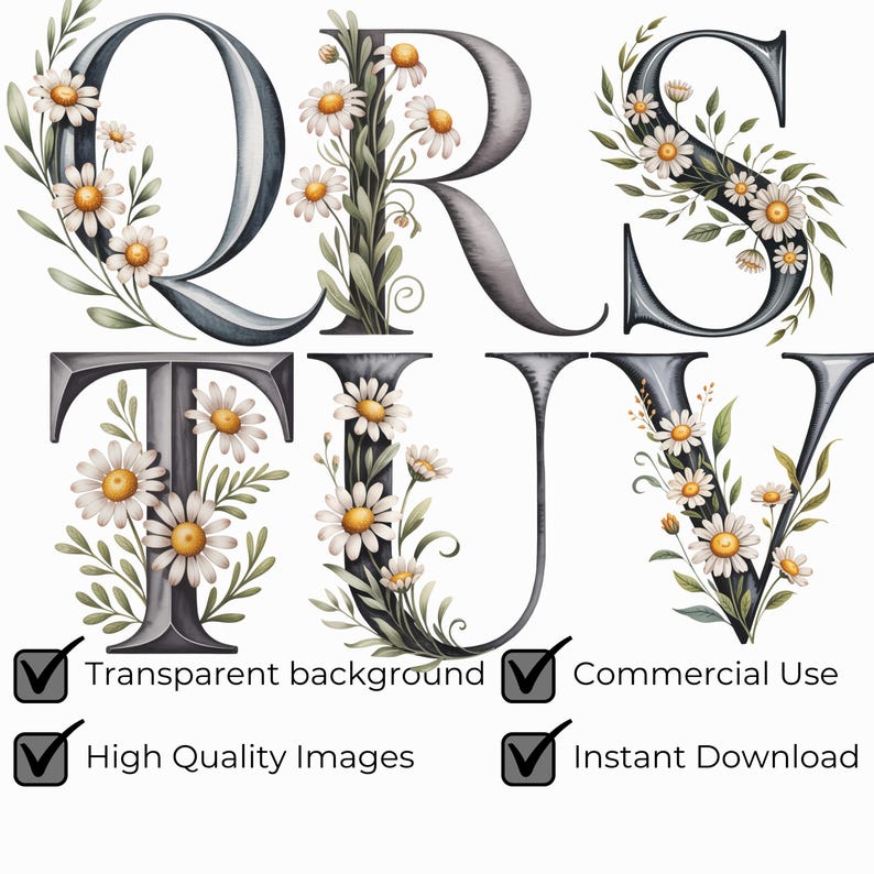 Spring Daisy Alphabet PNG SVG, Floral Letter Clipart A-Z, Daisy ...