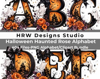 Halloween Alphabet PNG Bundle, Gothic Floral Ghost Letters, Black Bow Spooky Monogram, Numbers Symbols and Clipart