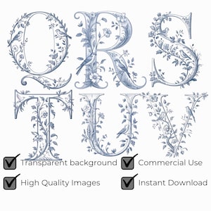 Blue French Toile Alphabet, Bird Monogram Letters A-Z, PNG SVG Bundle ...