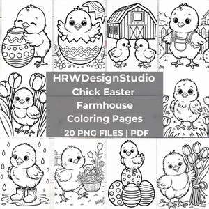 May include: Black and white line art colouring pages featuring Easter chicks and related themes. The pages include chicks with Easter eggs, in an egg, with flowers, and in front of a barn. Text on the image reads "HRWDesignStudio Chick Easter Farmhouse Colouring Pages 20 PNG FILES | PDF."