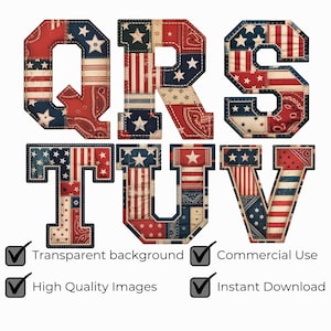 Vintage Americana Alfabet SVG PNG, Patriotiska Patchwork Bokstäver & Siffror, 4 juli Clipart, Kommersiellt Bruk bild 6