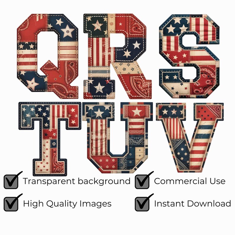 Vintage Americana Alfabet SVG PNG, Patriotiska Patchwork Bokstäver & Siffror, 4 juli Clipart, Kommersiellt Bruk bild 6