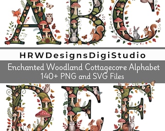 Woodland Alphabet SVG PNG Bundle, Cottagecore Forest Animals Letters, Clipart Set