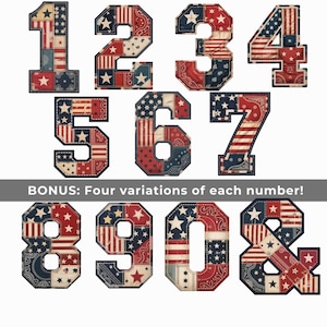 Vintage Americana Alfabet SVG PNG, Patriotiska Patchwork Bokstäver & Siffror, 4 juli Clipart, Kommersiellt Bruk bild 8