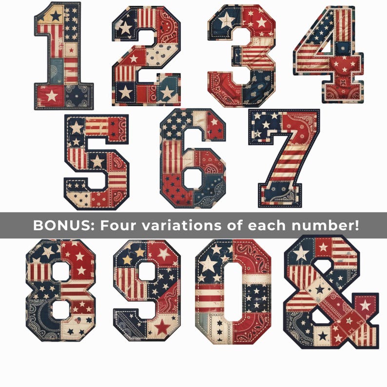 Vintage Americana Alfabet SVG PNG, Patriotiska Patchwork Bokstäver & Siffror, 4 juli Clipart, Kommersiellt Bruk bild 8