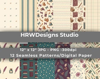 Vintage Bookish Seamless Pattern PNG Bundle, 12 Cottagecore Floral Sewing Patterns, Library Digital Paper