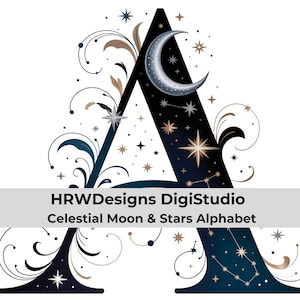 May include: A stylized letter "A" with a celestial theme. The letter is dark blue and black, adorned with a crescent moon, stars, and constellations. The design includes decorative swirls and the text "HRWDesigns DigiStudio Celestial Moon & Stars Alphabet".