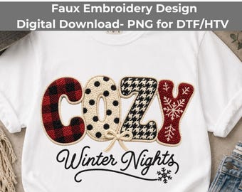 Cozy Winter Nights PNG, Faux Embroidery Plaid Snowflake Sublimation Download