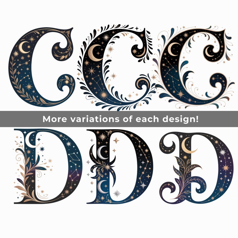 Celestial Nursery Alphabet Clipart, Moon and Stars Letters PNG SVG ...