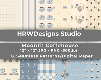 Coffee Seamless Pattern PNG Bundle, 12 Dusty Blue Cafe Digital Papers, Coquette Floral Gingham, Cottagecore Scrapbook