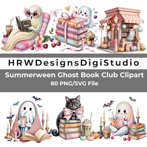 Ghost Junk Journal Clipart Bundle, Summerween Ephemera PNG, Söt Spöklik Bokaktig Journal Kit SVG