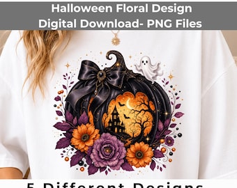 Floral Halloween PNG Bundle, 5 Gothic Ghost Pumpkin Designs, Haunted House, Spooky Coquette Sublimation
