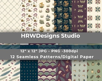 Goblincore Seamless Patterns PNG, 12 Vintage Woodland Digital Papers, Mushroom Moth Botanical Scrapbook Backgrounds