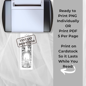 May include: A black and white bookmark design featuring an arched doorway, bookshelves, and floral elements. The text "INSTANT DOWNLOAD" is stamped across the top. The image also includes text that says "Ready to Print PNG Individually OR Print PDF 5 Per Page."