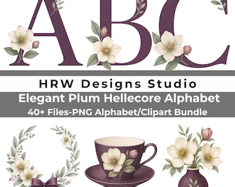 Hellecore Floral Alphabet PNG Bundle, Hellebore Flower Letters, Plum Botanical Monogram, Romantic Gothic Floral Clipart