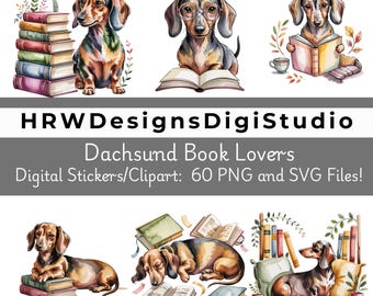 Dachshund Book Lover Clipart, Reading Dog Stickers, Cozy Books PNG, Bookish Dog Art, Digital Download, Junk Journal Stickers, Cute Dog SVG