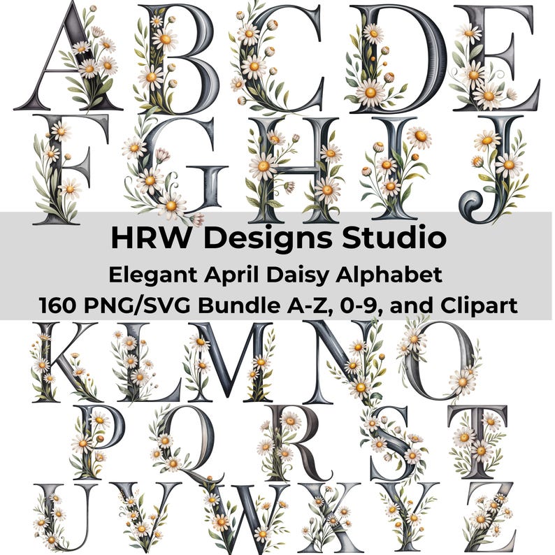 Spring Daisy Alphabet PNG SVG, Floral Letter Clipart A-Z, Daisy ...