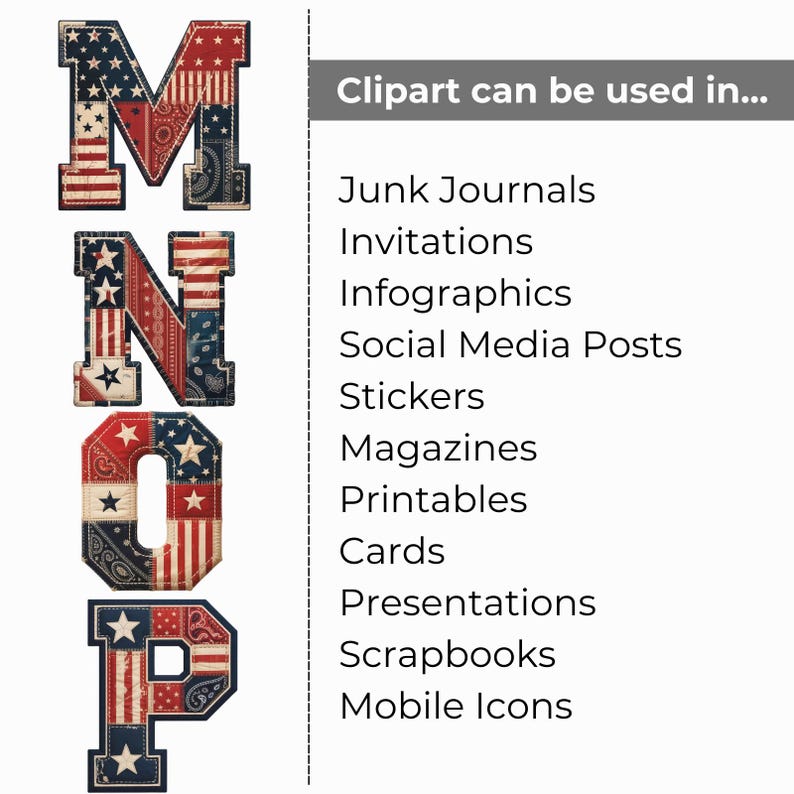 Vintage Americana Alfabet SVG PNG, Patriotiska Patchwork Bokstäver & Siffror, 4 juli Clipart, Kommersiellt Bruk bild 5