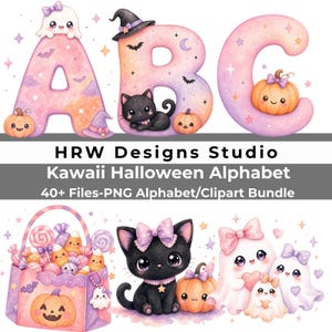 Peut inclure: Un ensemble graphique numérique présentant les lettres A, B et C aux tons pastel décorées de fantômes, de citrouilles et d'un chat noir. En dessous, un panier rose rempli de bonbons, un chat noir avec un nœud et trois fantômes avec des nœuds.
