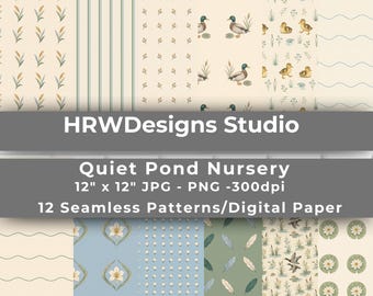 Watercolor Duck Seamless Patterns PNG, 12 Quiet Pond Nursery Digital Papers, Baby Duckling Gingham, Sage Blue Scrapbook