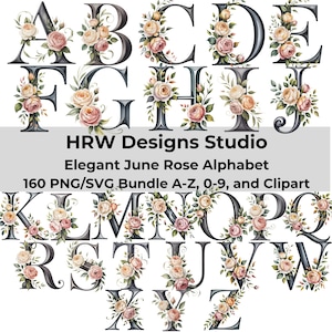Juni geboorte bloem alfabet SVG, Rose monogram letters PNG, bloemen alfabet clipart, bruiloft monogram, baby naam letters, Cricut gesneden bestanden