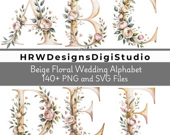 Kwiatowy alfabet ślubny PNG SVG, eleganckie botaniczne litery monogramu, clipart zaproszenia ślubne