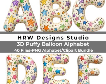 Rainbow Balloon Alphabet PNG, 3D Puffy Star Letters Numbers Sublimation Download