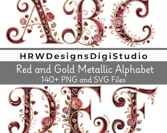 Clipart z alfabetem ślubnym, czerwone złote metaliczne litery, kwiatowy alfabet róży w formacie PNG SVG, eleganckie litery monogramu