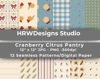 Cranberry Orange Seamless Patterns PNG, 12 Vintage Christmas Kitchen Digital Papers, Cottagecore Winter Botanical Scrapbook