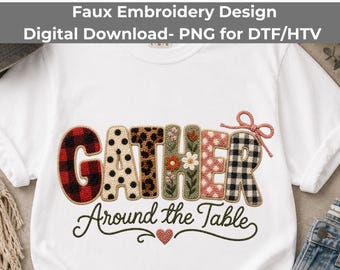 Gather Around The Table PNG, Faux Embroidery Floral Buffalo Check Sublimation Download
