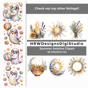 Op de afbeelding: Waterverf clipart met zomerse illustraties. Bevat afbeeldingen van geesten met zonnebrillen en strandballen, bloemstukken, een kaars en een zonontwerp. De tekst luidt "Check out my other listings!!" en "Summer Solstice Clipart".