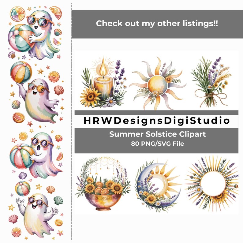 Op de afbeelding: Waterverf clipart met zomerse illustraties. Bevat afbeeldingen van geesten met zonnebrillen en strandballen, bloemstukken, een kaars en een zonontwerp. De tekst luidt "Check out my other listings!!" en "Summer Solstice Clipart".