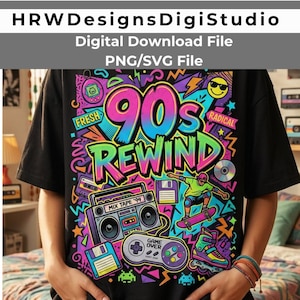 May include: Black t-shirt with a colorful 90s-themed graphic. The design includes the words "90s Rewind", a boombox, a skateboarder, a video game controller, and other retro elements. The text "HRWDesigns DigiStudio" and "Digital Download File PNG/SVG File" are at the top.