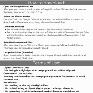 May include: A white graphic with instructions on how to download digital files from Google Drive. The text includes steps for opening the link, selecting files, downloading, saving, and unzipping. Terms of use are also listed.