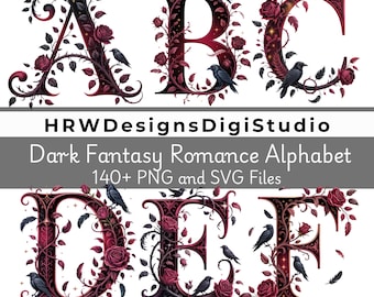 Gothic Wedding Monogram Alphabet PNG SVG, Dark Romance Letters, Raven Rose Alphabet, A–Z Numbers