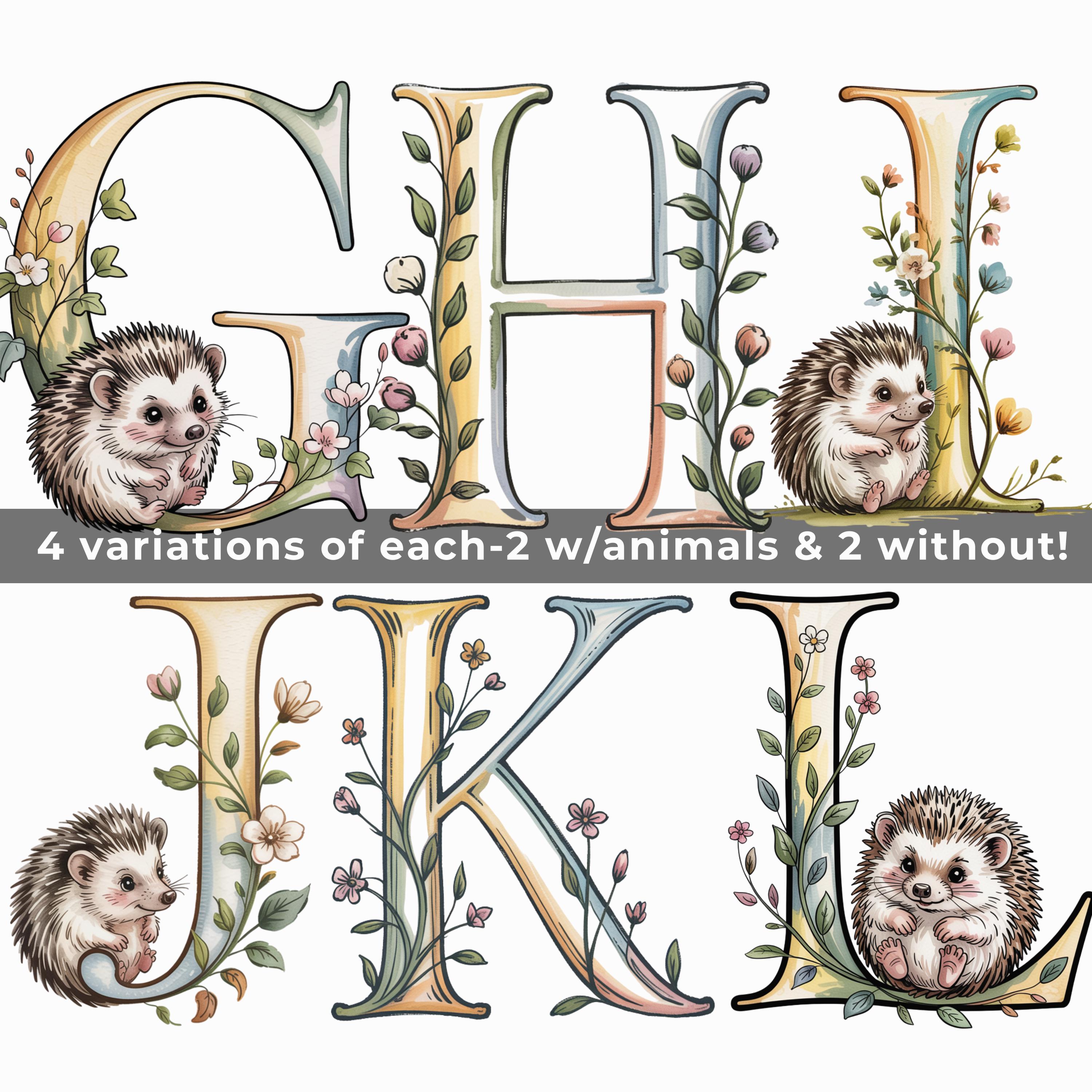 Hedgehog Alphabet PNG SVG Bundle, Woodland Nursery ABC Letters, Vintage ...
