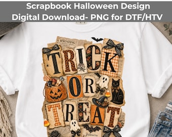 Trick Or Treat PNG, Halloween Word Art Black Cat Ghost Pumpkin Sublimation Download