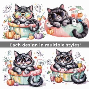 Op de afbeelding: Een digitale illustratie met vier afbeeldingen van een zwart-grijze kat met een zonnebril, ontspannen in een zwemband, omringd door pompoenen, geesten en drankjes. De tekst "Each design in multiple styles!" wordt weergegeven.