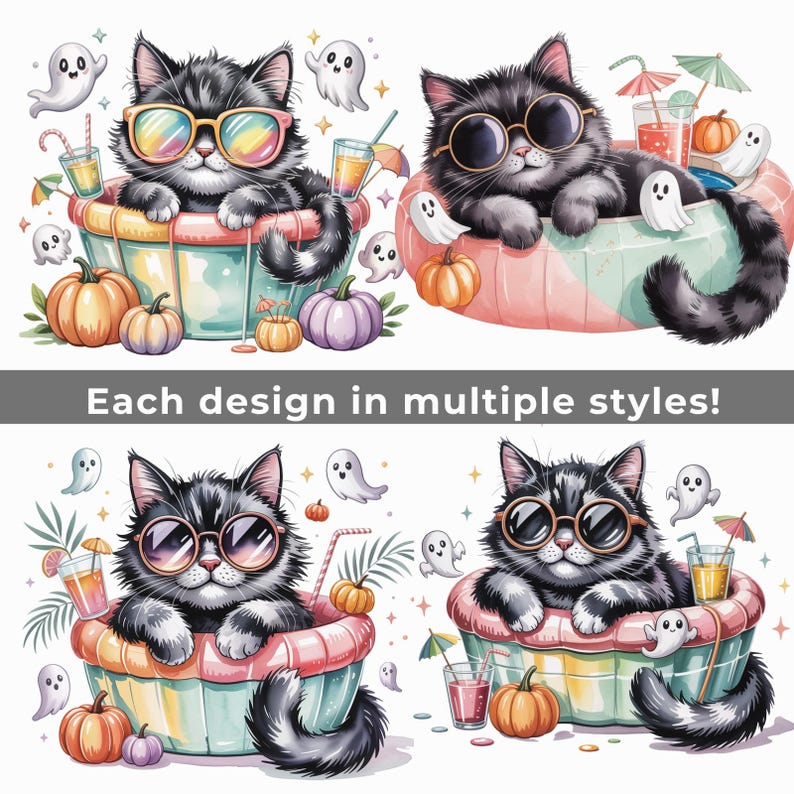 Op de afbeelding: Een digitale illustratie met vier afbeeldingen van een zwart-grijze kat met een zonnebril, ontspannen in een zwemband, omringd door pompoenen, geesten en drankjes. De tekst "Each design in multiple styles!" wordt weergegeven.