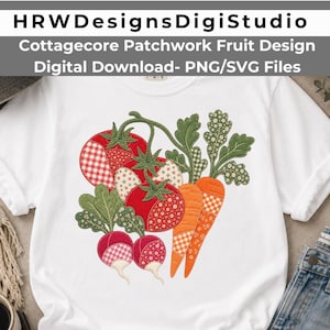 May include: A white t-shirt featuring a graphic design of patchwork-style vegetables including red tomatoes, orange carrots, and pink radishes with green leafy tops. The design incorporates various patterns like gingham and floral prints on the vegetables.
